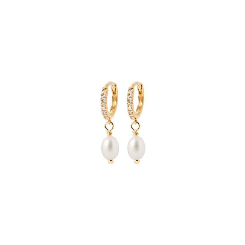 Boucles d'oreilles en plaqué or, perle de culture et oxydes de zirconium