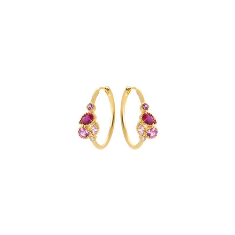 Boucles d'oreilles Créoles en plaqué or, oxydes de zirconium et pierre de couleur