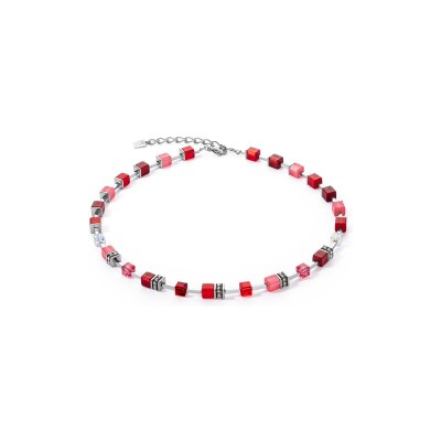 Collier Coeur de Lion GeoCUBE Iconic Pure en acier, aventurine bleu, quartz rose et nephrite, aventurine rouge, oeil de tigre, cristaux Swarovski et strass