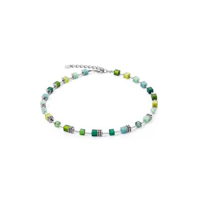 Collier Coeur de Lion GeoCUBE Iconic Pure en acier, aventurine bleu, quartz rose et nephrite, aventurine rouge, oeil de tigre, cristaux Swarovski et strass