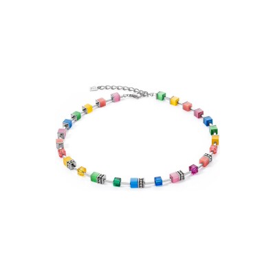Collier Coeur de Lion GeoCUBE Iconic Pure en acier, aventurine bleu, quartz rose et nephrite, aventurine rouge, oeil de tigre, cristaux Swarovski et strass