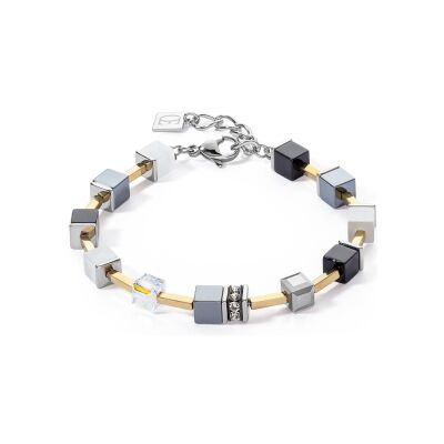 Bracelet Coeur de Lion GeoCUBE Iconic Pure en acier, aventurine bleu, quartz rose et nephrite, aventurine rouge, oeil de tigre, cristaux Swarovski et strass