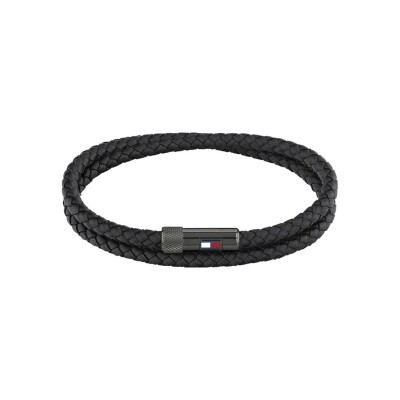 Bracelet Tommy Hilfiger Casual Core en cuir noir et acier noir, taille 41.5cm