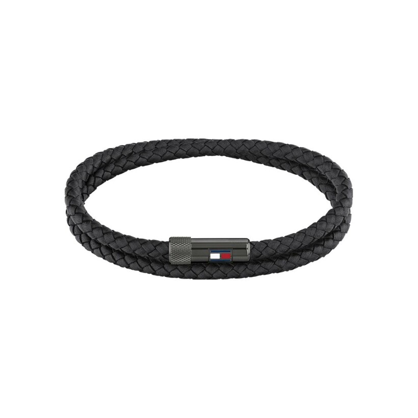 Bracelet Tommy Hilfiger Casual Core en cuir noir et acier noir, taille 41.5cm