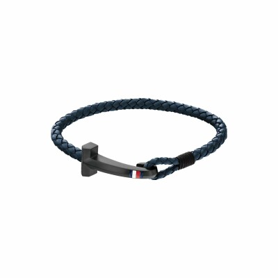 Bracelet Tommy Hilfiger Casual Core en cuir bleu et acier noir, taille 20.5cm