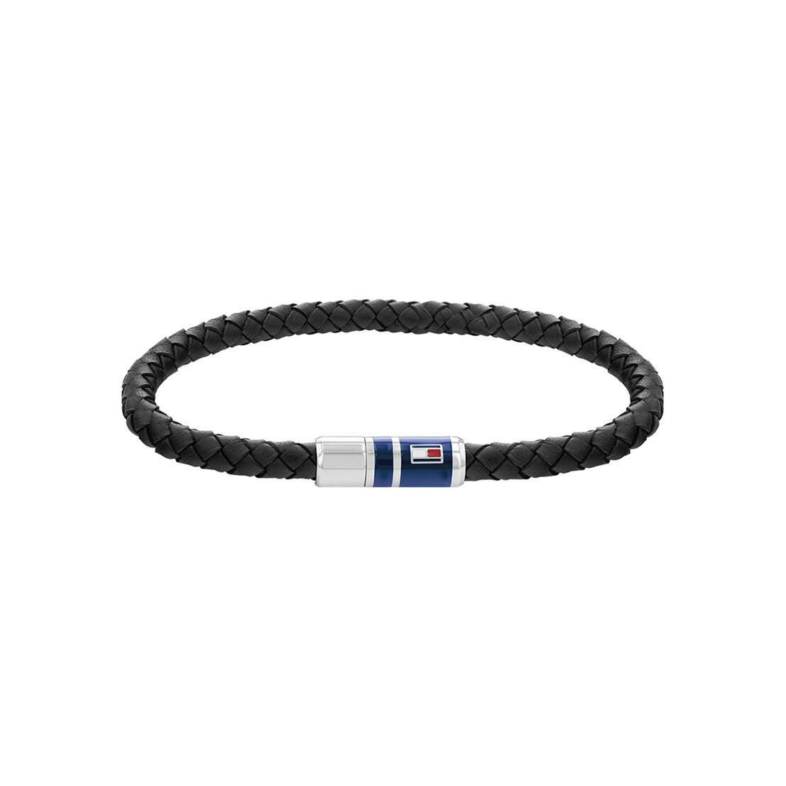 Bracelet Tommy Hilfiger en acier et cuir noir, taille 17.5cm