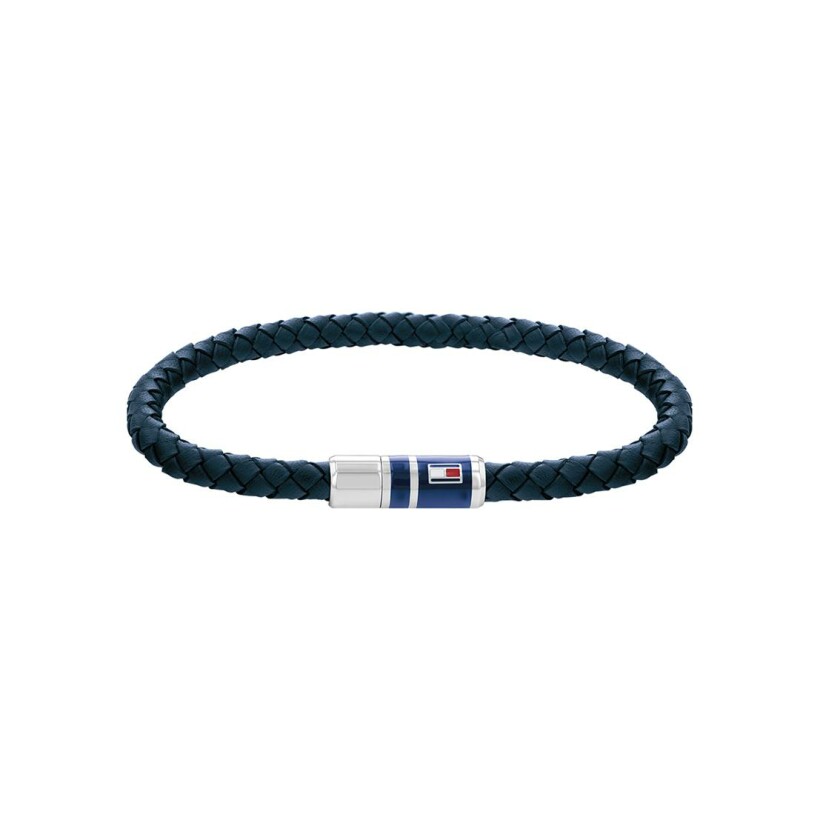 Bracelet Tommy Hilfiger en acier et cuir bleu, taille 17.5cm
