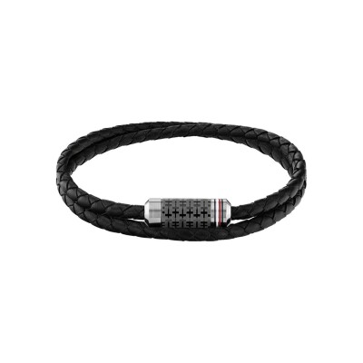 Bracelet Tommy Hilfiger en acier et cuir noir, taille 17.5cm