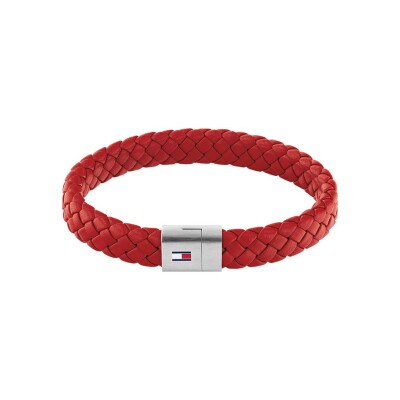 Bracelet Tommy Hilfiger en acier et cuir rouge, taille 19cm