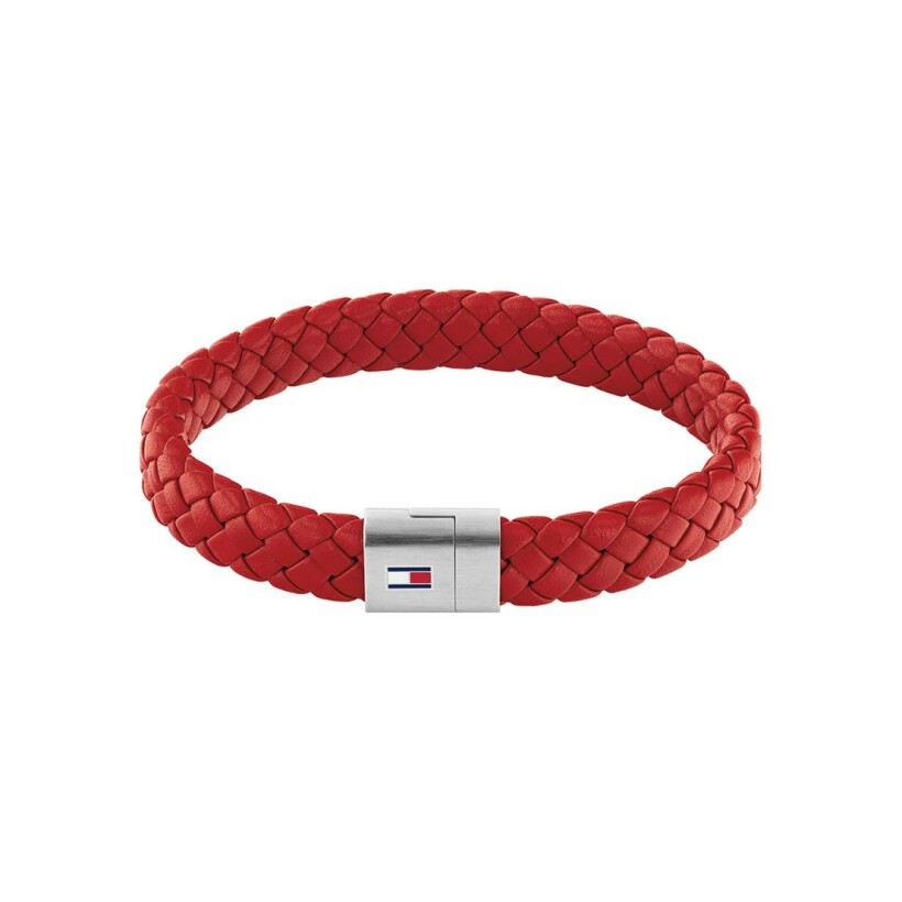 Bracelet Tommy Hilfiger en acier et cuir rouge, taille 19cm