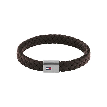 Bracelet Tommy Hilfiger en acier et cuir marron, taille 17.5cm