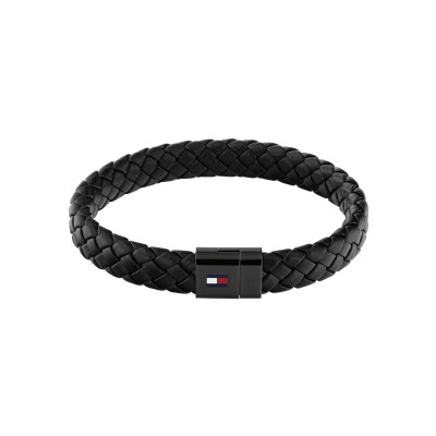 Bracelet Tommy Hilfiger en acier PVD noir et cuir noir, taille 17.5cm