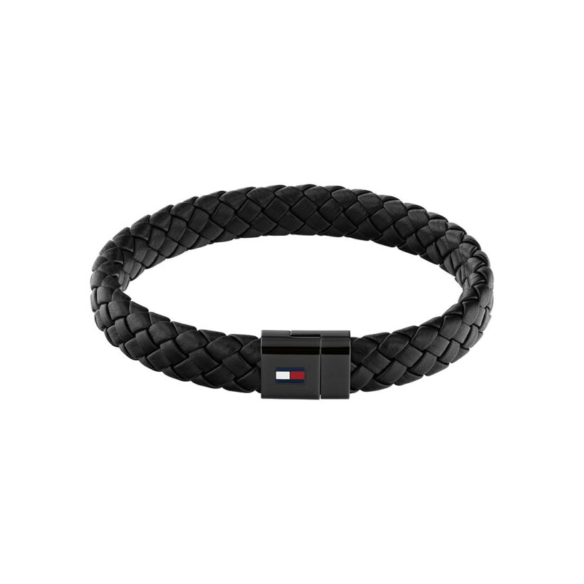 Bracelet Tommy Hilfiger en acier PVD noir et cuir noir, taille 17.5cm