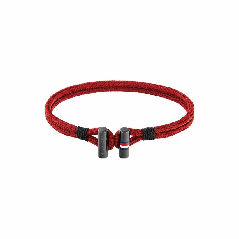 Bracelet Tommy Hilfiger en acier PVD noir et textile rouge, taille 19cm