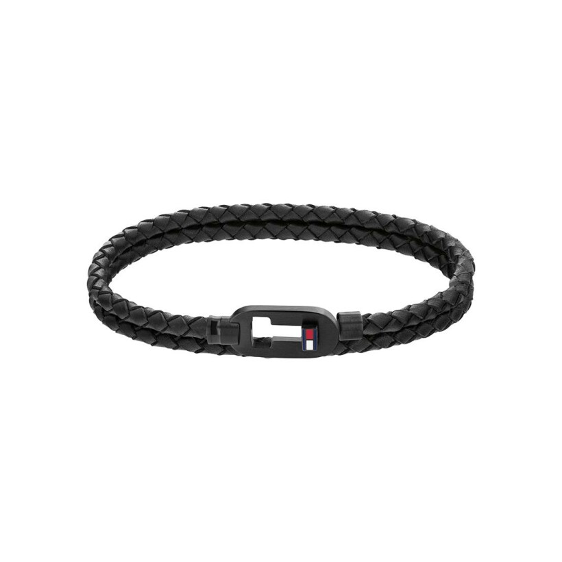 Bracelet Tommy Hilfiger en acier PVD noir et cuir noir, taille 19cm