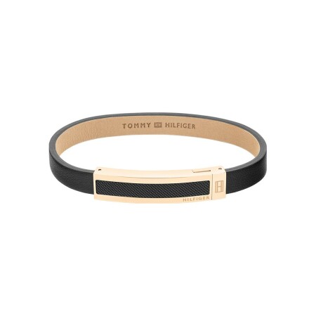 Bracelet Tommy Hilfiger en métal doré rose et cuir noir, taille 19cm