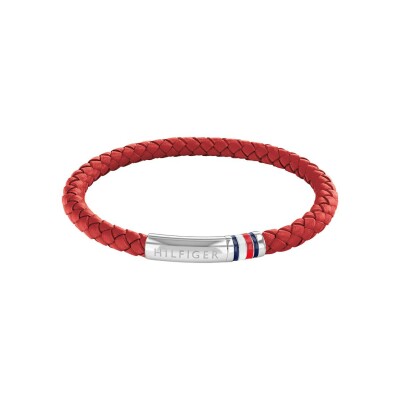 Bracelet Tommy Hilfiger en acier et cuir rouge et noir, taille 19cm