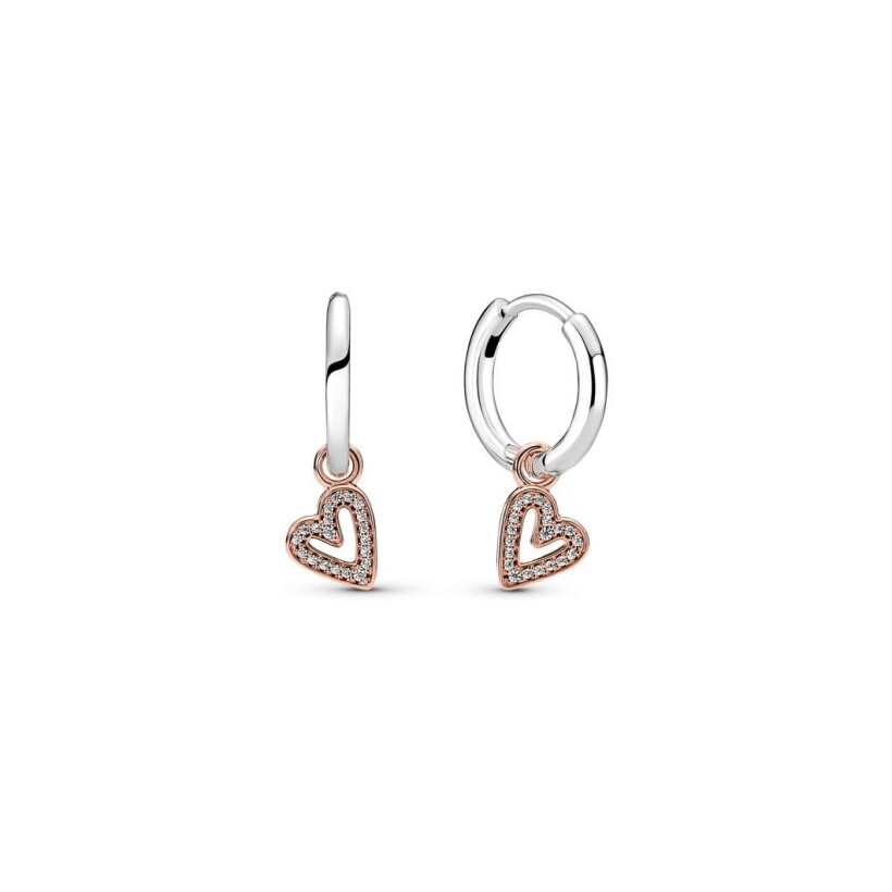 Boucles d'oreilles créoles Pandora esquisse de cœur en argent, métal doré rose et oxydes de zirconium