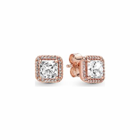 Boucles d'oreilles clous Pandora Timeless halo scintillant carrés en metal doré rose et oxyde de zirconium