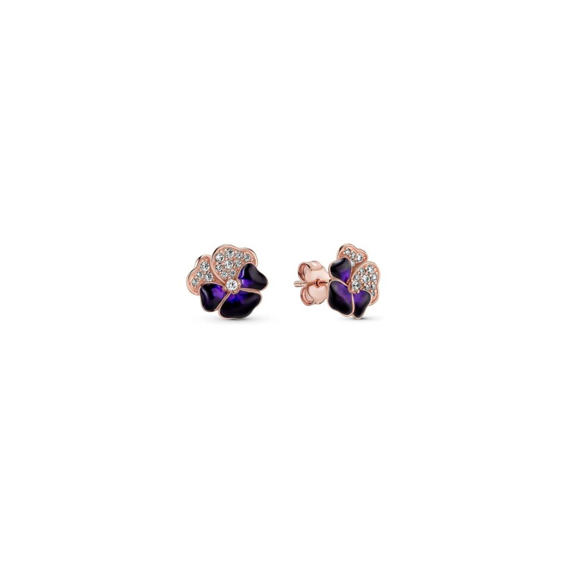 Boucles d'oreilles puces Pandora pensée violet foncé en métal doré rose