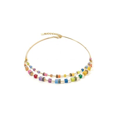 Collier Coeur de Lion GeoCUBE Iconic Layer en acier doré, cristaux Swarovski, oeil de tigre et strass