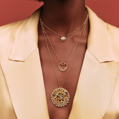 Collier Sandola Rainbow MM en or jaune pavé diamants, saphirs oranges, péridots, tourmalines roses,  topazes bleues et  iolites