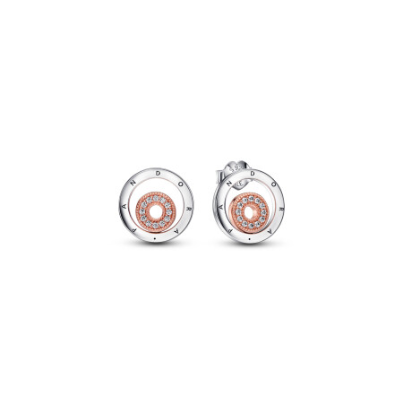 Clous d'oreilles Pandora Signature Cercles Logo Bicolores en argent, métal doré et oxyde de zirconium