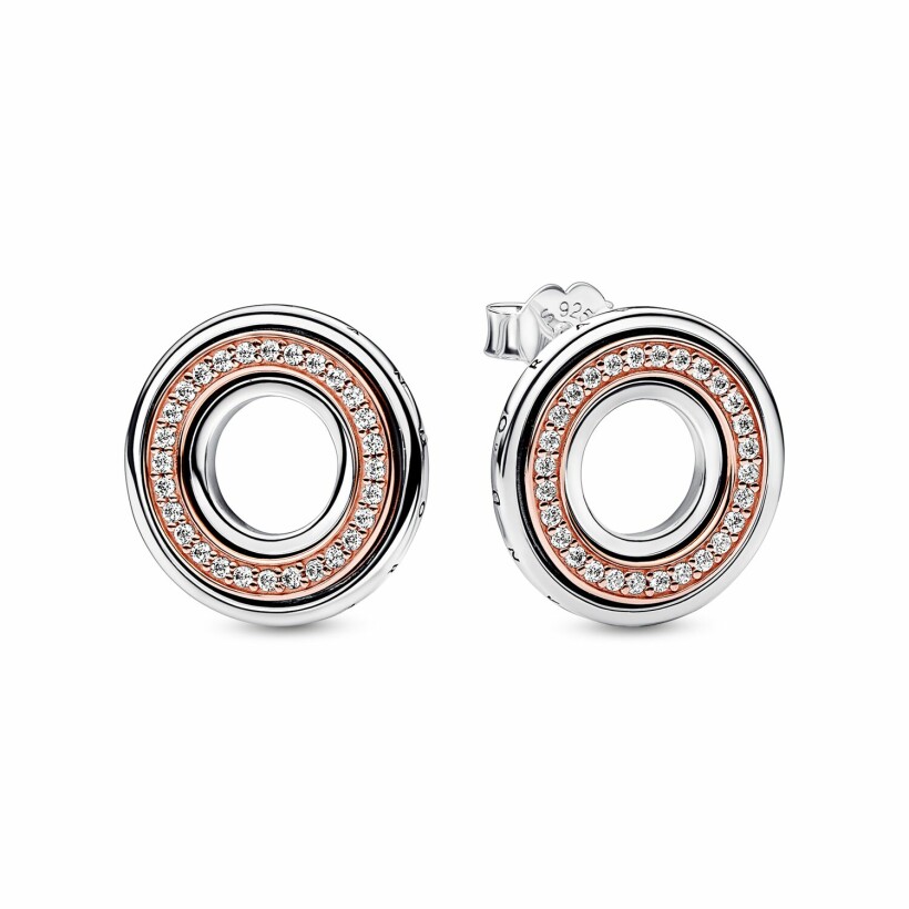Clous d’oreilles Pandora Signature et Pavé Bimatière en argent, métal doré rose et oxyde de zirconium