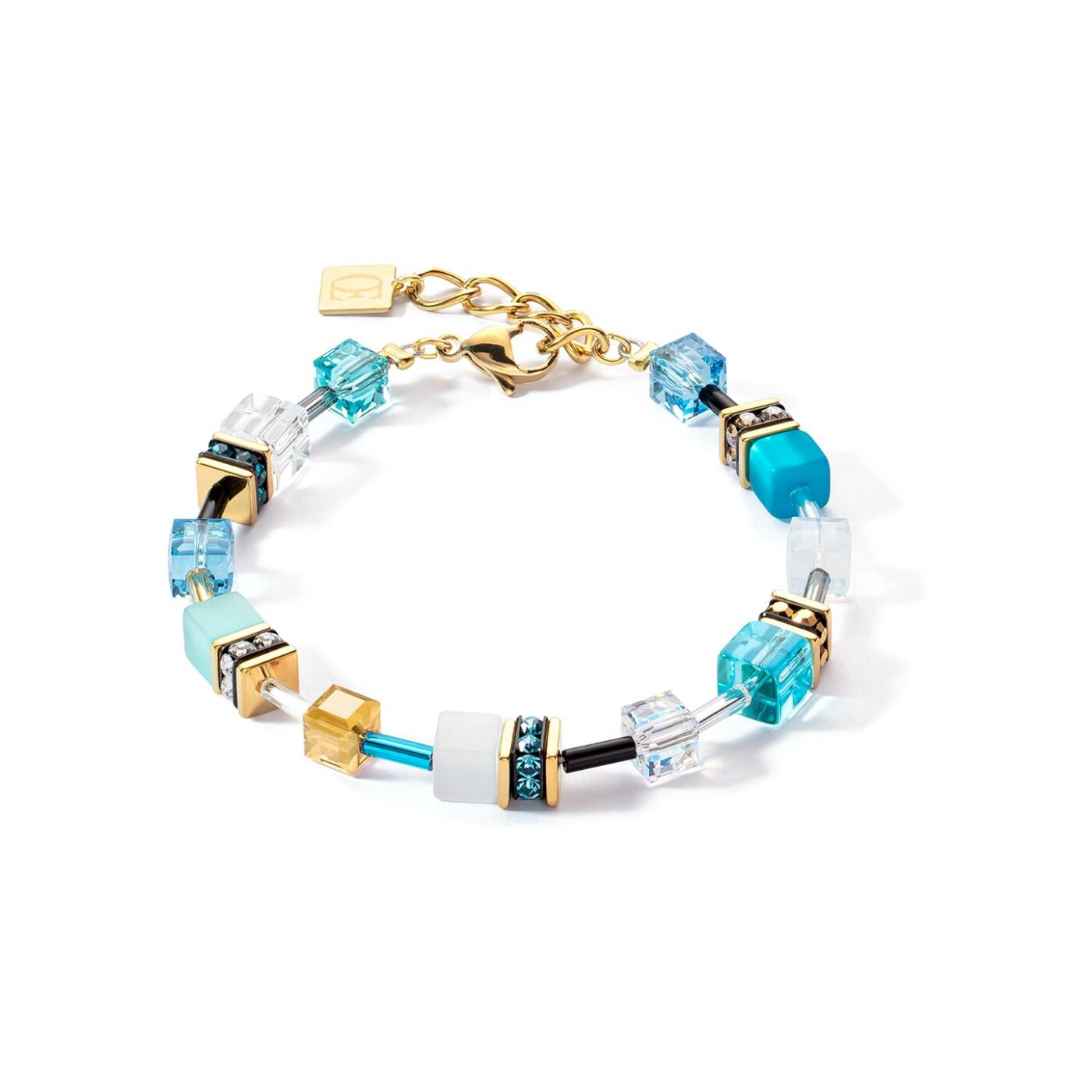 Bracelet Cœur de Lion GeoCUBE en métal doré, œil de tigre, cristaux, polaris, verre et strass