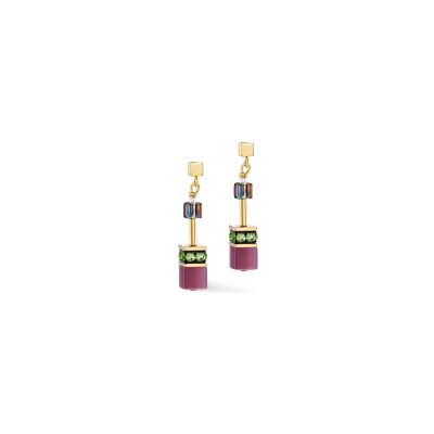 Boucles d'oreilles Coeur de Lion GeoCUBE Iconic en acier doré, cristaux Swarovski, oeil de tigre et strass