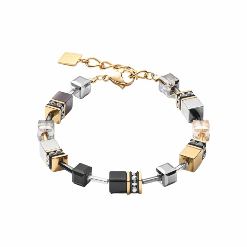 Bracelet Cœur de Lion en métal doré, acier, œil de tigre synthétiques, hématites, cristaux et strass