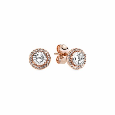 Boucles d'oreilles clous Pandora Timeless halo scintillant ronds en metal doré rose et oxyde de zirconium