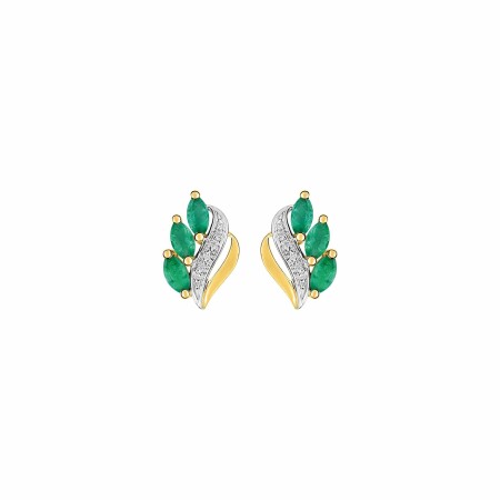 Boucles d'oreilles en or jaune, rhodium, et émeraudes