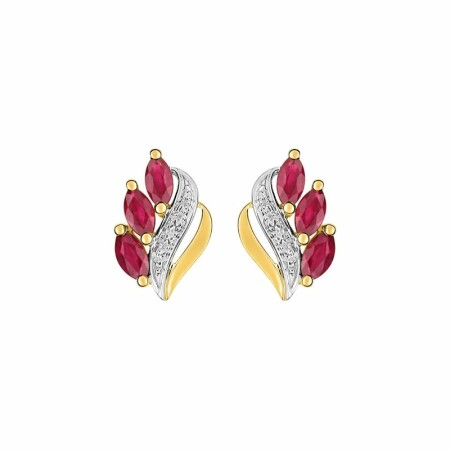 Boucles d'oreilles clous en or jaune, rhodium et rubis