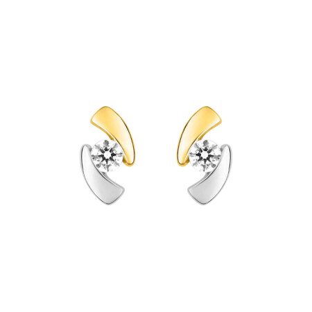 Boucles d'oreilles clous en or jaune, rhodium et oxydes de zirconium