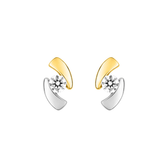 Boucles d'oreilles clous en or jaune, rhodium et oxydes de zirconium