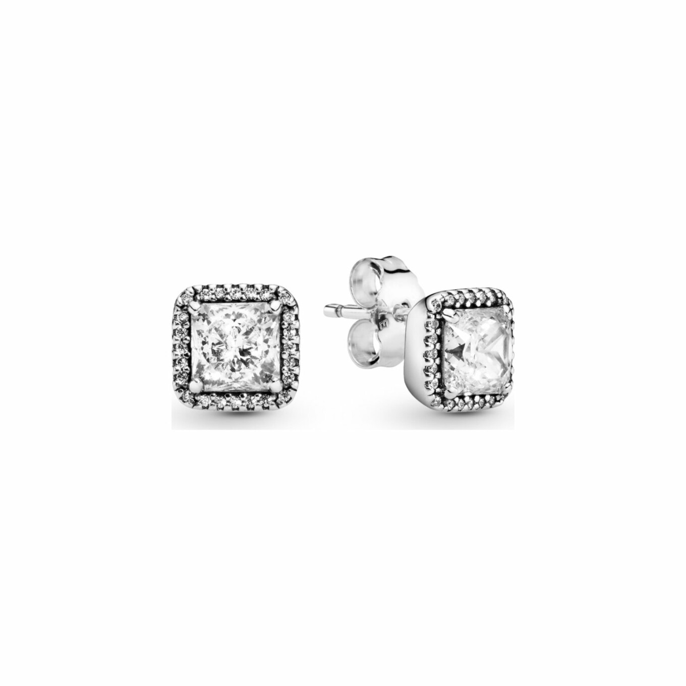 Boucles d'oreilles clous Pandora Timeless halo scintillant carrés en argent et oxyde de zirconium