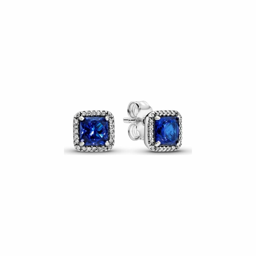 Boucles d'oreilles clous Pandora Timeless halo scintillant carrés bleus en argent, oxyde de zirconium et cristal