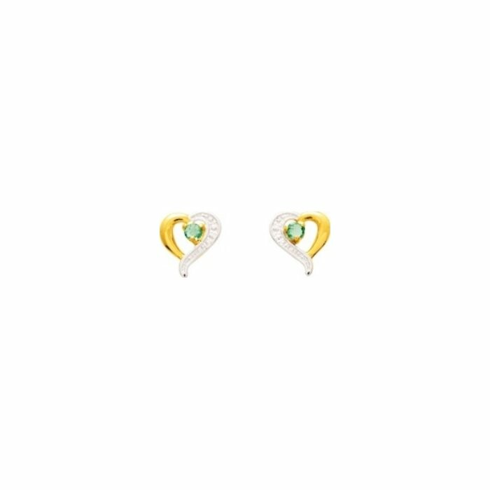 Boucles d'oreilles clous en or jaune, rhodium et émeraudes