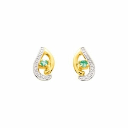 Boucles d'oreilles clous en or jaune, rhodium et émeraudes