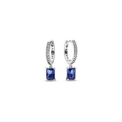 Boucles d'oreilles créoles Pandora Timeless Scintillantes Rectangulaires Bleues en argent