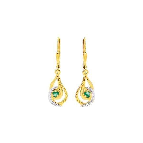 Boucles d'oreilles dormeuses en or jaune, rhodium et émeraudes