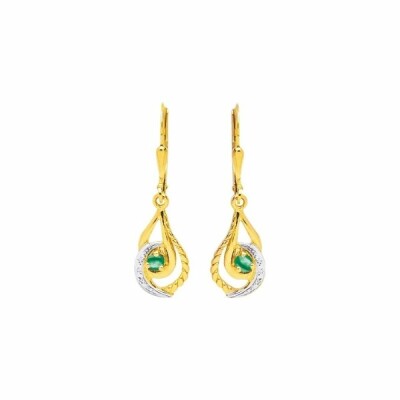 Boucles d'oreilles dormeuses en or jaune, rhodium et émeraudes