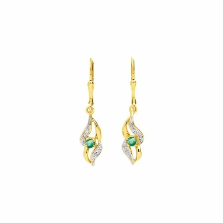 Boucles d'oreilles dormeuses en or jaune, rhodium et émeraudes