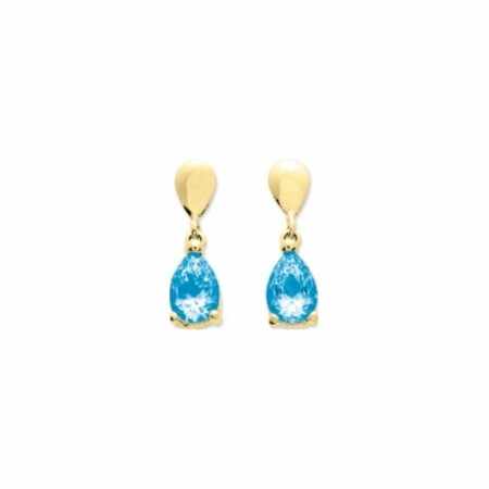 Boucles d'oreilles pendantes en or jaune et topazes bleues