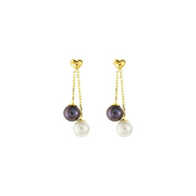 Boucles d'oreilles pendantes en or jaune et perles