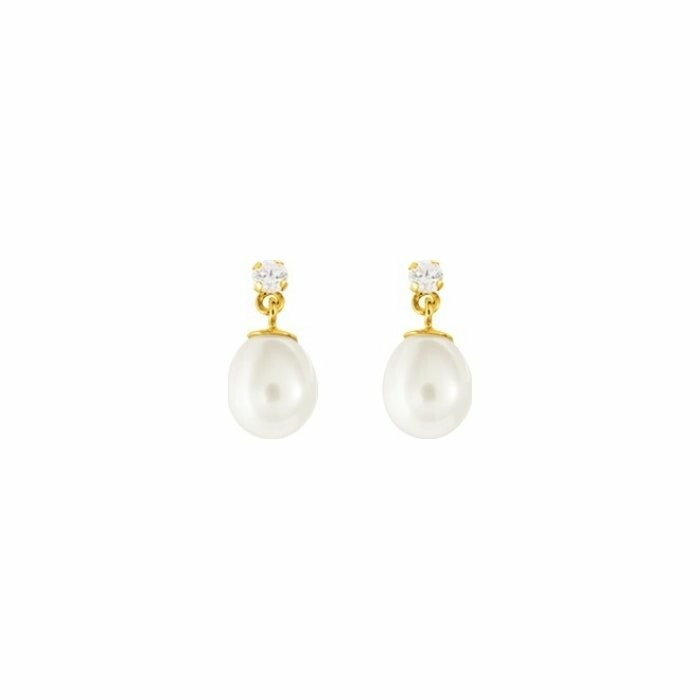 Boucles d'oreilles pendantes en or jaune, perles d'eau douce et oxydes de zirconium