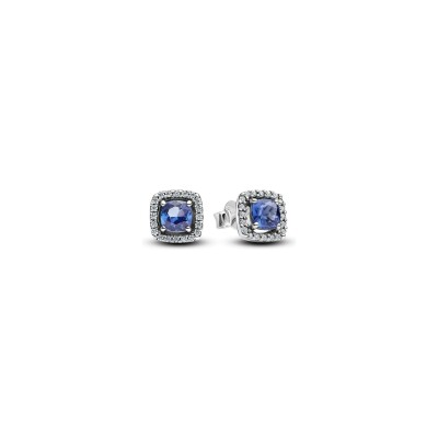 Boucles d'oreilles Pandora Timeless Halo Bleu Carré Scintillant en argent et oxydes de zirconium