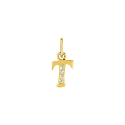 Pendentif initiale lettre T en or jaune et oxyde de zirconium