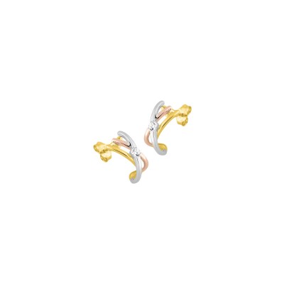 Boucles d'oreilles créoles en or jaune, or blanc, or rose et oxydes de zirconium